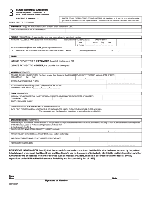 Fillable Health Insurance Claim Form Blue Cross And Blue Shield Of