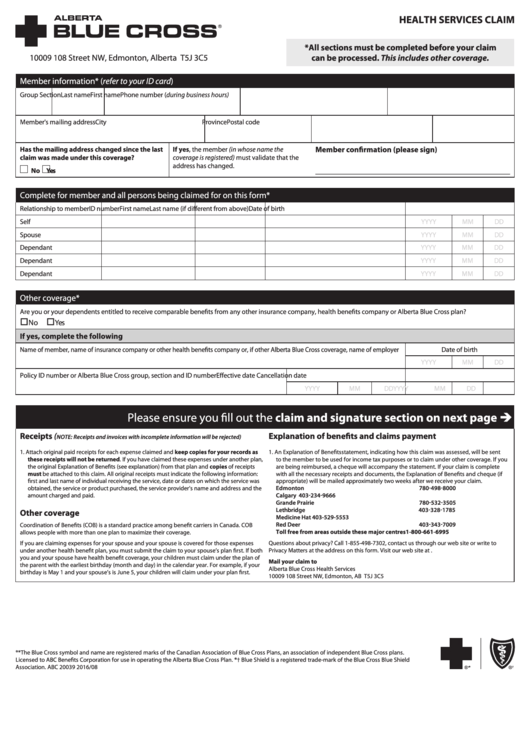 Fillable Health Services Claim Form Alberta Blue Cross Printable Pdf 