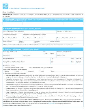 Fillable New York Life Annuities Death Benefit Form Edit Print 