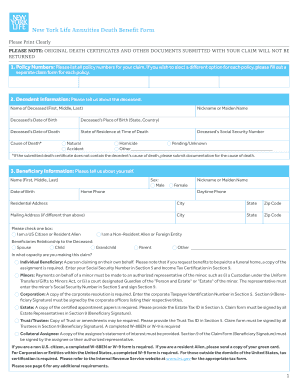 Fillable New York Life Annuities Death Benefit Form Edit Print