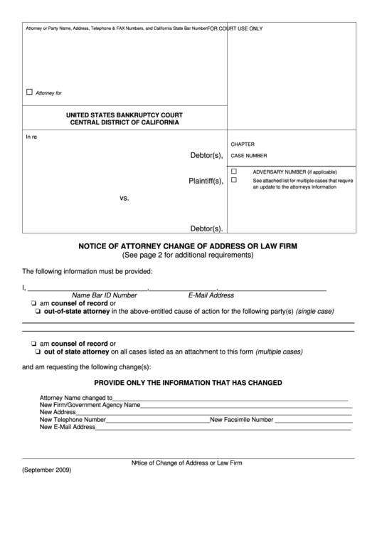 Fillable Notice Of Attorney Change Of Address Or Law Firm Form United 