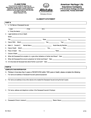 Fillable Online Allstate Term Universal Life Death Claim Form Fax 