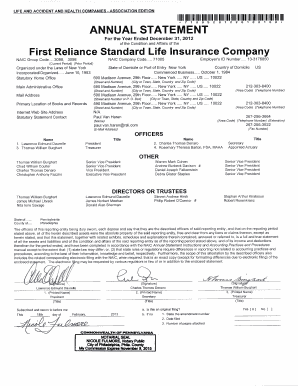 Fillable Online ANNUAL STATEMENT First Reliance Standard Life Insurance 