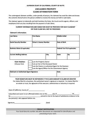 Fillable Online Buttecourt Ca Unclaimed Property Claim Affirmation Form 