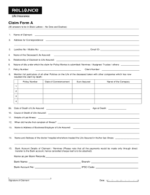 Fillable Online Claim Form A Reliance Life Insurance Fax Email Print 