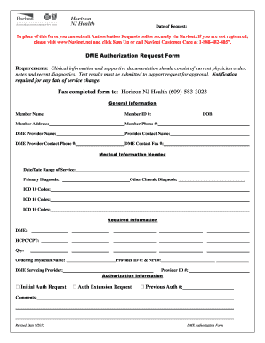 Fillable Online DME Authorization Request Form Horizon NJ Health Fax 