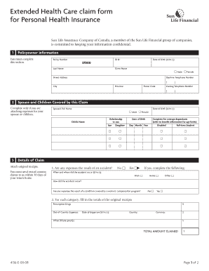 Fillable Online Extended Health Care Claim Form For Personal Sun 