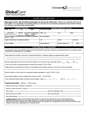 Fillable Online GlobalCare Claim Form pdf Clements Worldwide Fax