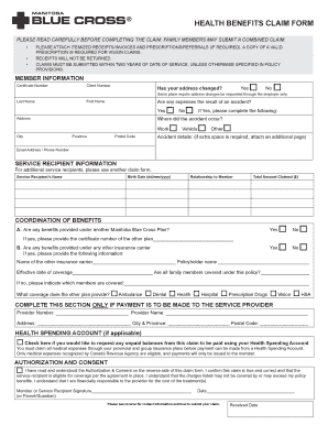 Fillable Online Health Benefits Claim Form Manitoba Blue Cross Fax 