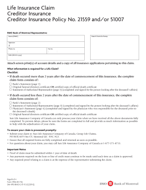 Fillable Online Life Insurance Claim Form BMO Fax Email Print 