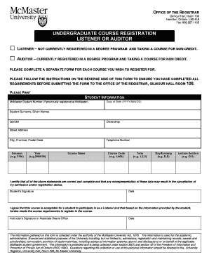 Fillable Online Listener Form Office Of The Registrar McMaster 