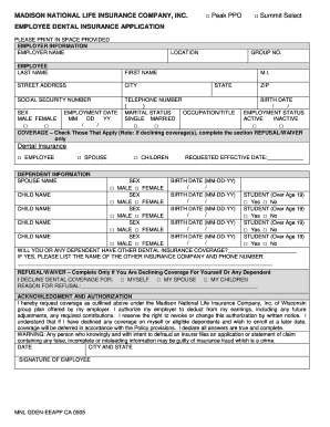 Fillable Online MADISON NATIONAL LIFE INSURANCE COMPANY INC Peak PPO 