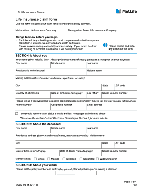 Fillable Online MetLife Life Insurance Death Claim Form Buster 