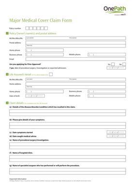 Fillable Online Onepath Co Major Medical Cover Claim Form OnePath