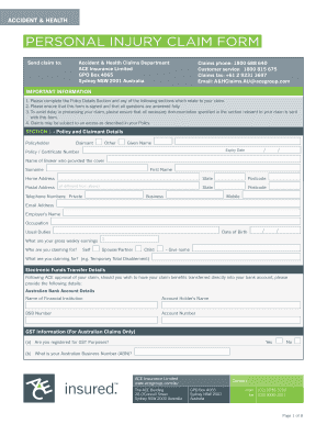 Fillable Online Personal Injury Claim Form ACE Group Fax Email Print 