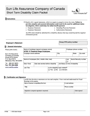 Fillable Online Short Term Disability Benefits Claim Form Sun Life 