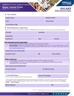 Fillable Online Super Choice Form Eastern Health Salary Packaging Fax 