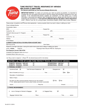 Fillable Online TUNE PROTECT TRAVEL INSURANCE BY AIRASIA MALAYSIA CLAIM