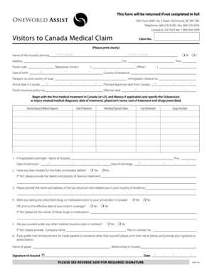 Fillable Online Visitors To Canada Medical Claim Johnson Fu Insurance