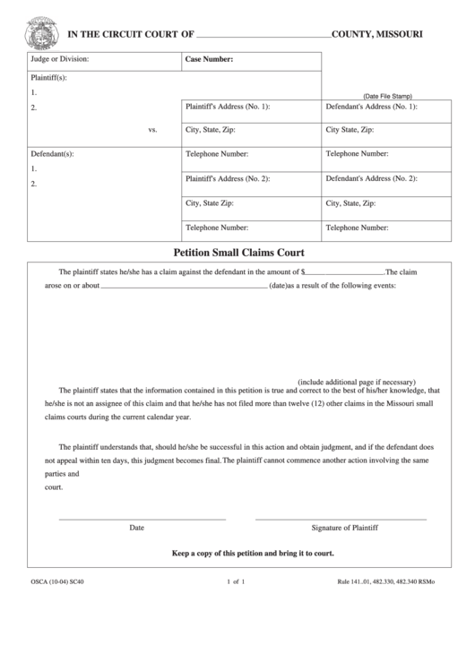 Fillable Petition Small Claims Court Printable Pdf Download Gambaran