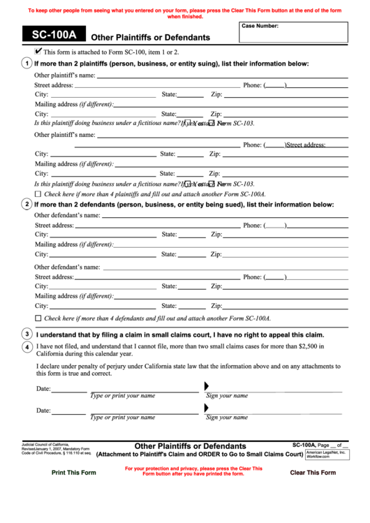 Fillable Sc 100a Form Other Plaintiffs Or Defendants Printable Pdf Download