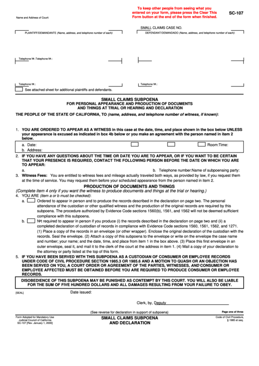 Fillable Sc 107 Form Small Claims Subpoena For Personal Printable Pdf 