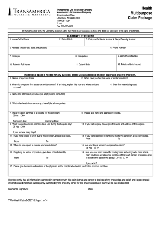 Fillable Transamerica Accident Claim Form Printable Pdf Download