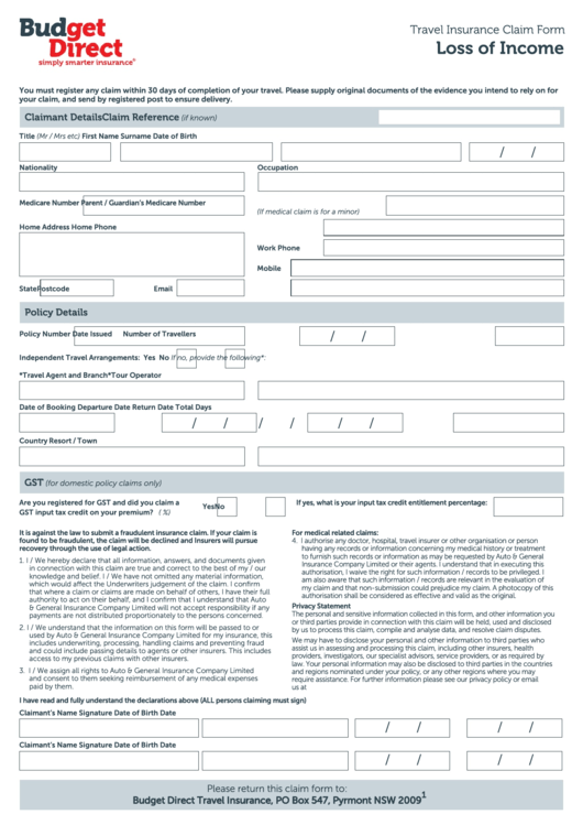 Fillable Travel Insurance Claim Form Loss Of Income Budget Direct