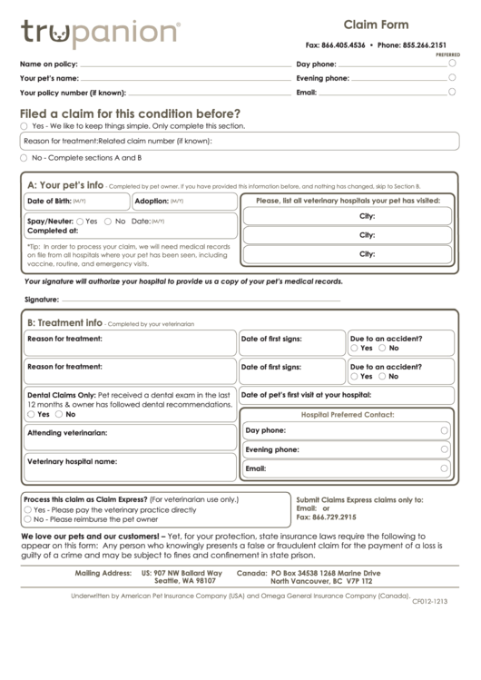 Fillable Trupanion Claim Form Printable Pdf Download