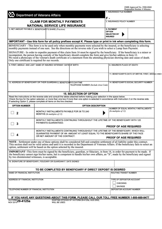Fillable Va Form 29 4125a Claim For Monthly Payments National Service