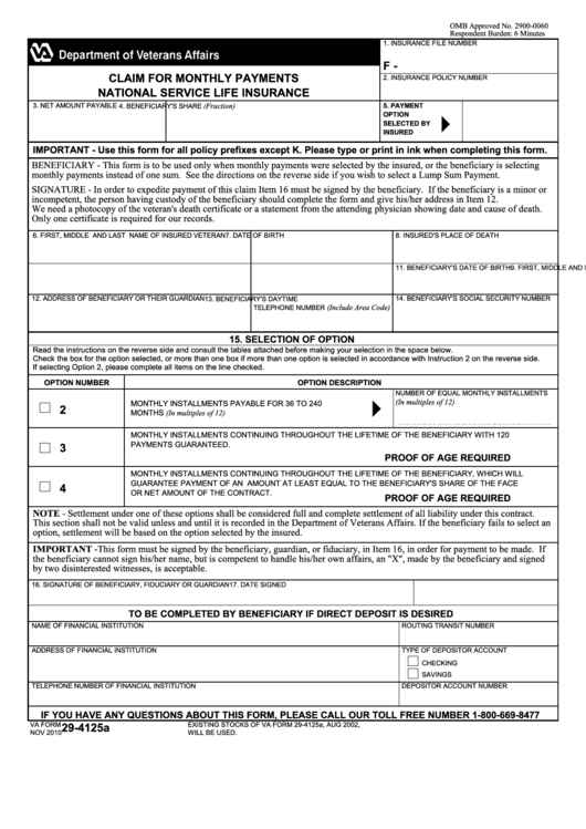 Fillable Va Form 29 4125a Claim For Monthly Payments National Service 