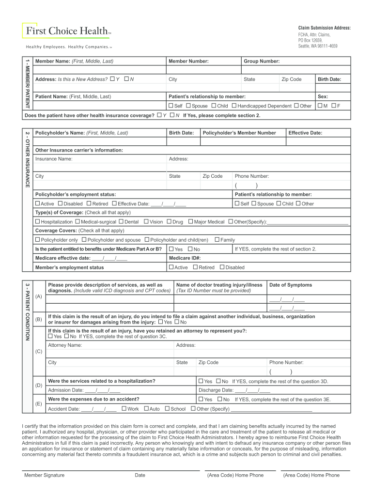 First Choice Health Medical Claim Form Fill And Sign Printable