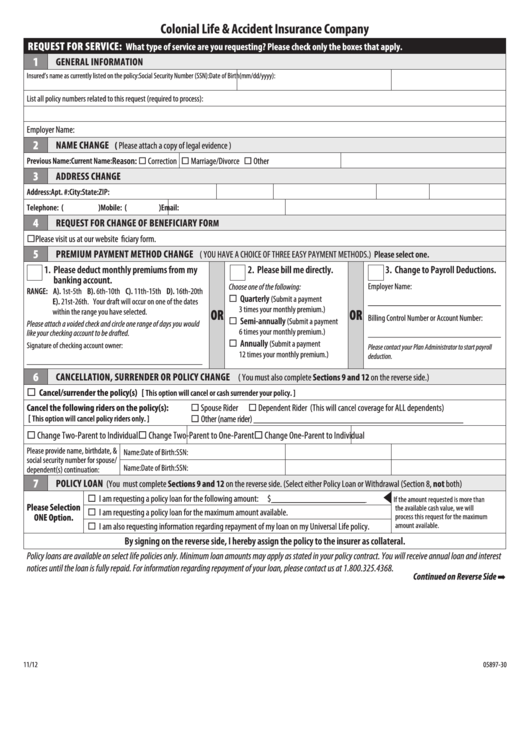 Form 05897 30 Request For Service Colonial Life Accident 