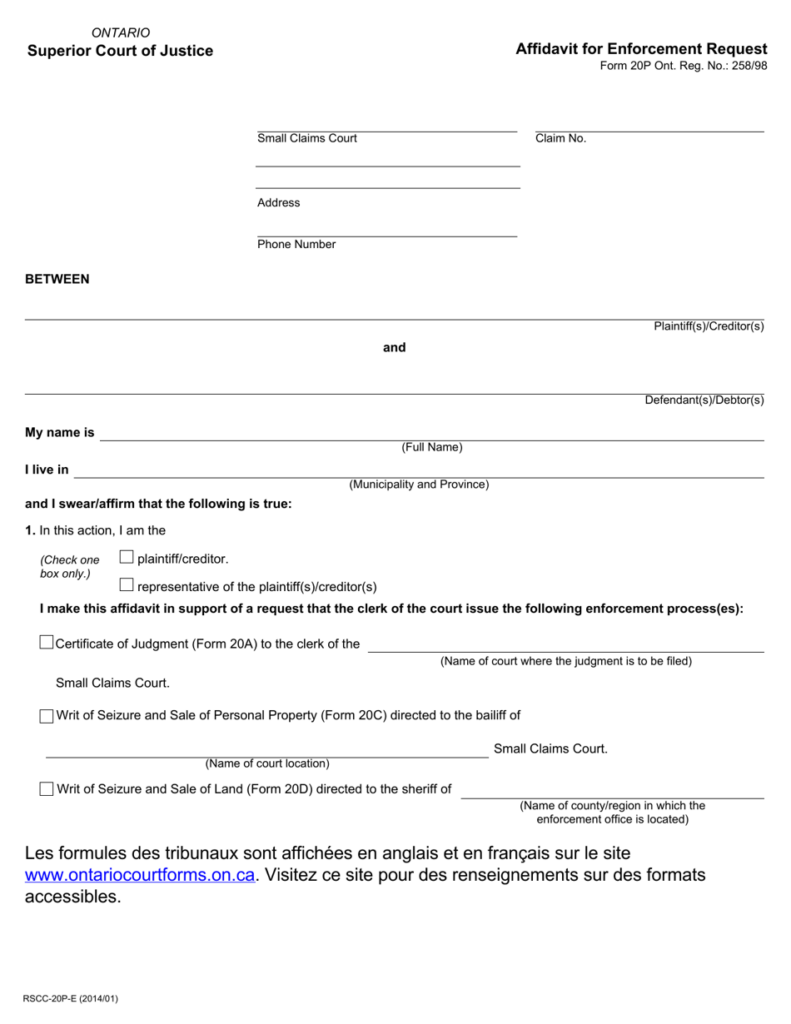 Form 20P Download Fillable PDF Or Fill Online Affidavit For Enforcement 