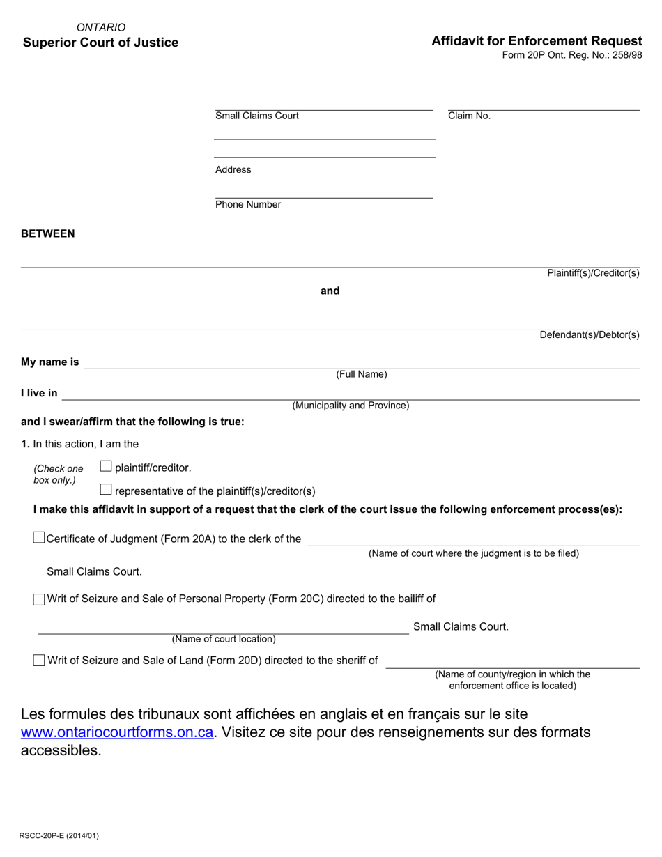 Form 20P Download Fillable PDF Or Fill Online Affidavit For Enforcement