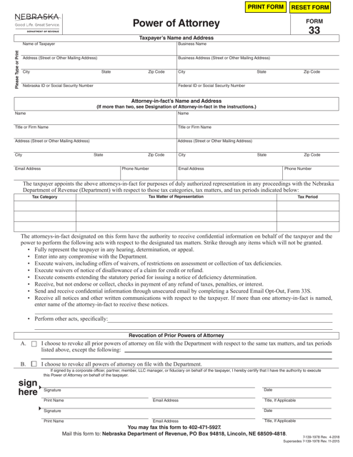 Form 33 Download Fillable PDF Or Fill Online Power Of Attorney Nebraska