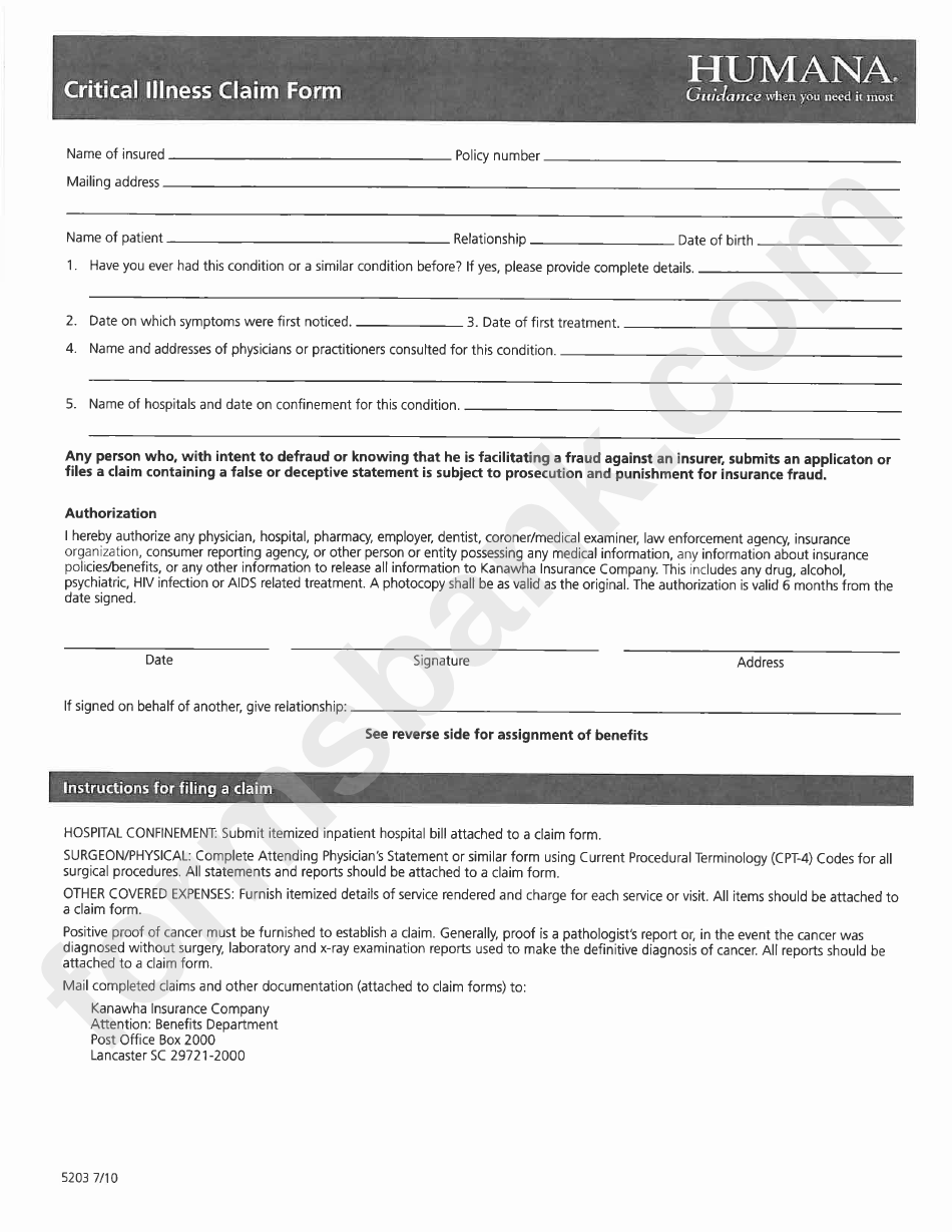 Form 5203 Humana Critical Illness Claim Form G g Associates 