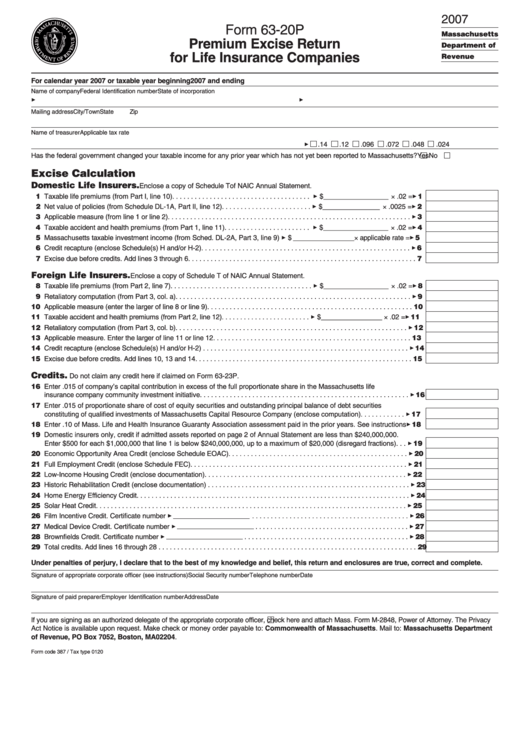 Form 63 20p Premium Excise Return For Life Insurance Companies 2007 