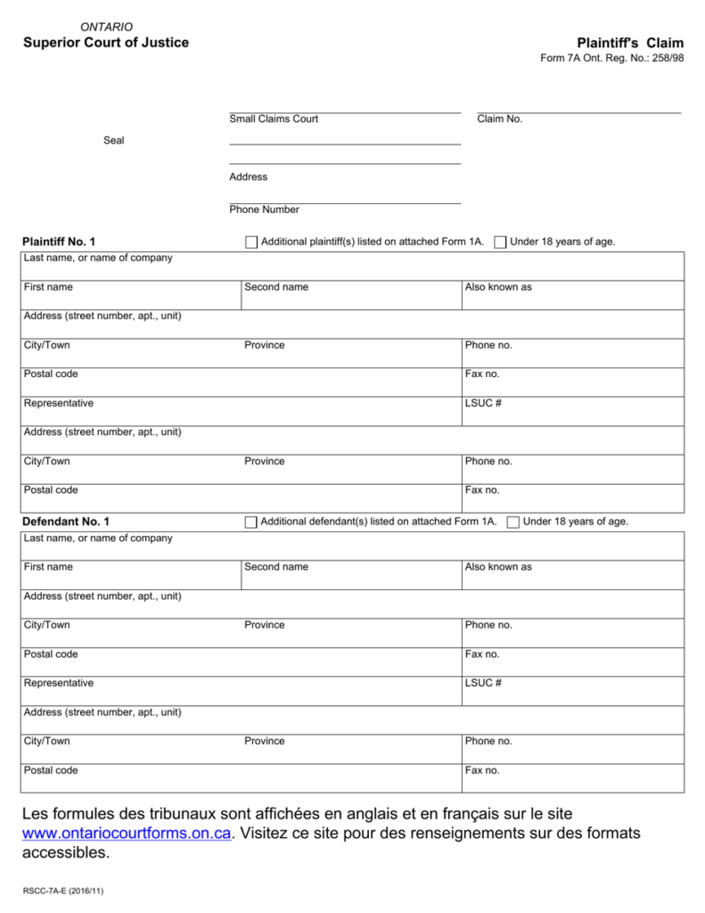 Form 7a Download Fillable PDF Or Fill Online Plaintiff 39 s Claim Ontario 