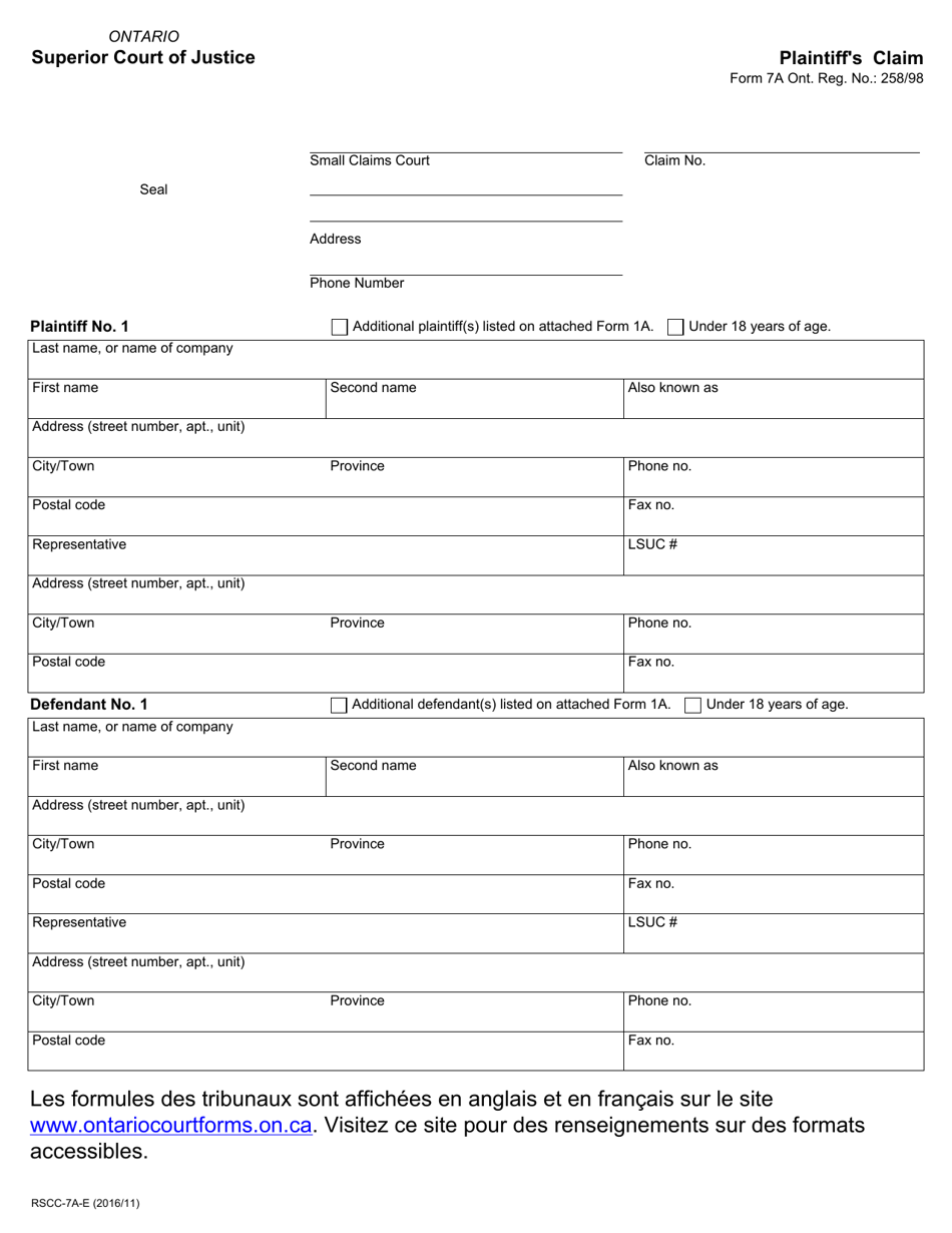 Form 7a Download Fillable PDF Or Fill Online Plaintiff 39 s Claim Ontario 