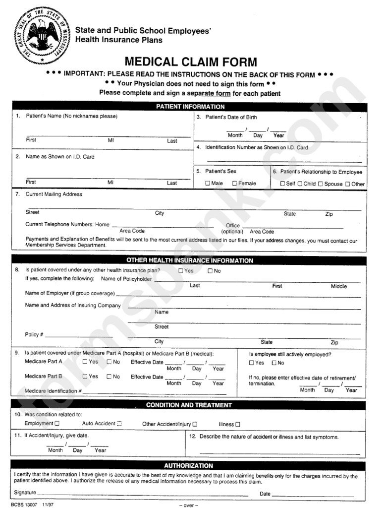 Form Bcbs 13007 State And Public School Employees Medical Claim Form 