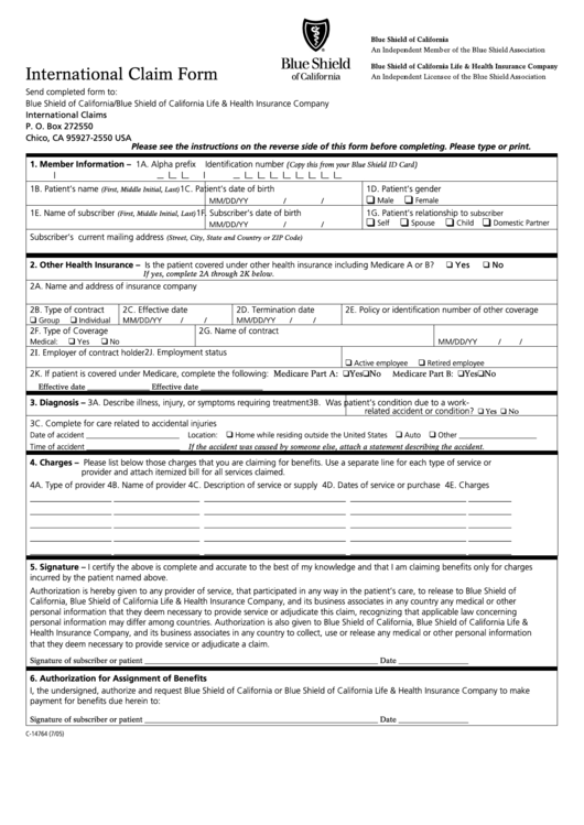 Form C 14764 International Claim Form Blue Shield Of California 