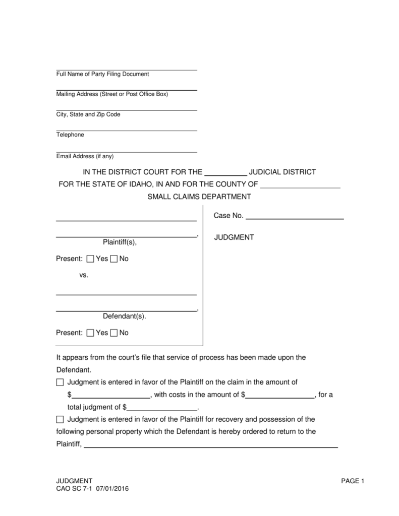 Form CAO SC7 1 Download Fillable PDF Or Fill Online Judgment Small 