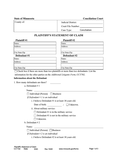 Form CCT102 Download Fillable PDF Or Fill Online Plaintiff 39 s Statement 