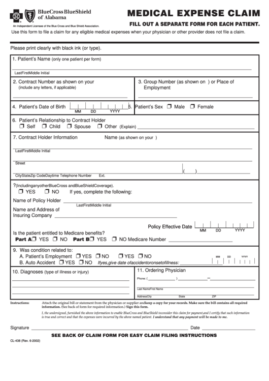 Form Cl 438 Medical Expense Claim Bluecross Blueshield Of Alabama 