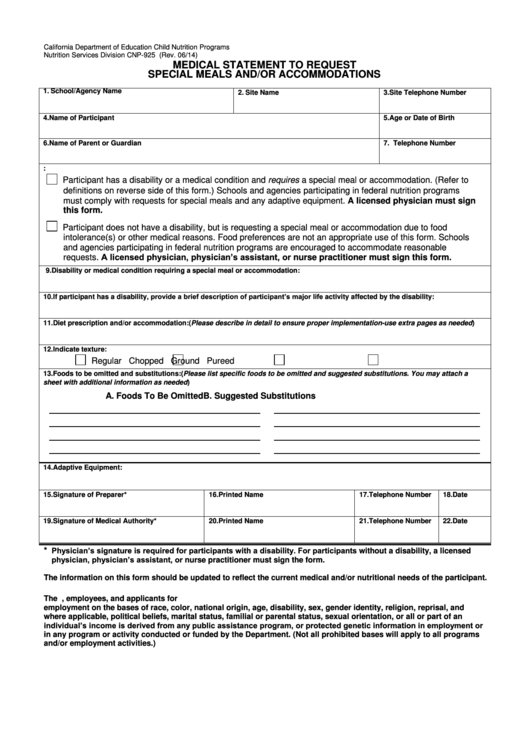 Form Cnp 925 Medical Statement To Request Special Meals And Or