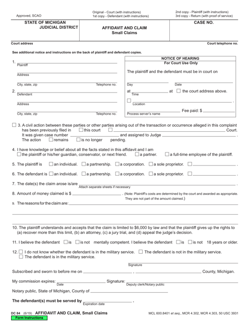 Form DC84 Download Fillable PDF Or Fill Online Affidavit And Claim 