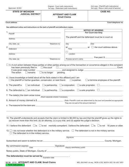 Form DC84 Download Fillable PDF Or Fill Online Affidavit And Claim