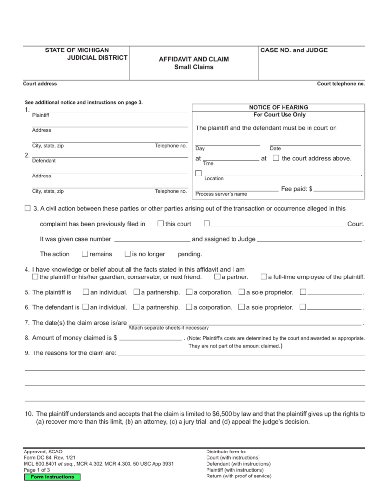 Form DC84 Download Fillable PDF Or Fill Online Affidavit And Claim 