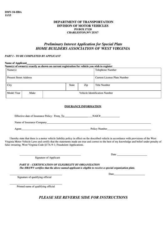 Form Dmv 54 Hba Preliminary Interest Application For Special Plate 